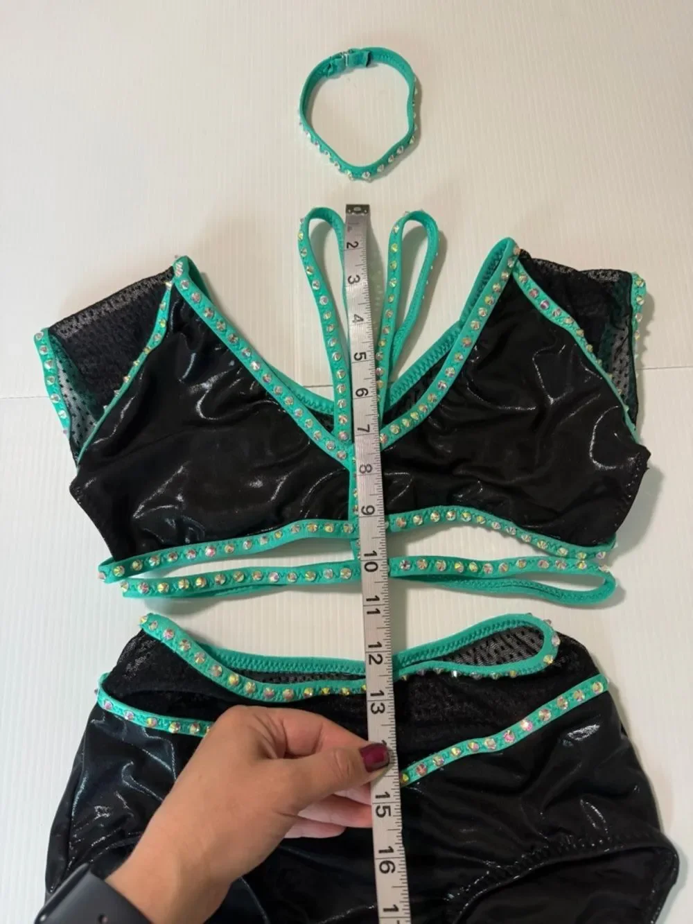 Custom dance costume leotard black aqua blue 2 piece SA-Small adult